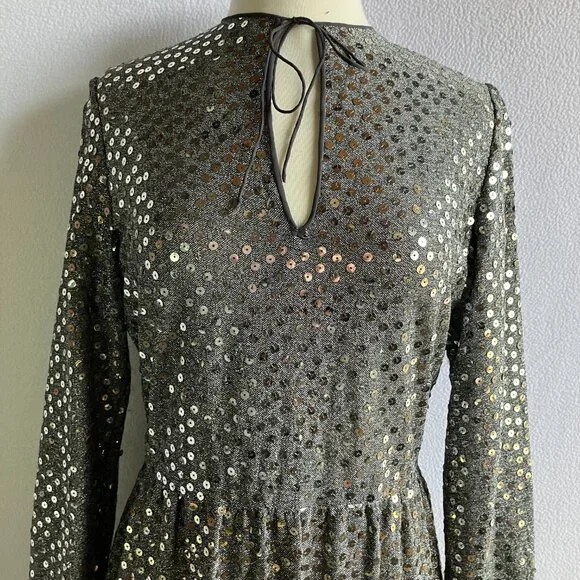 1970s Silver Sequined Modest Long Sleeve Maxi Dress - Picture 10 of 15